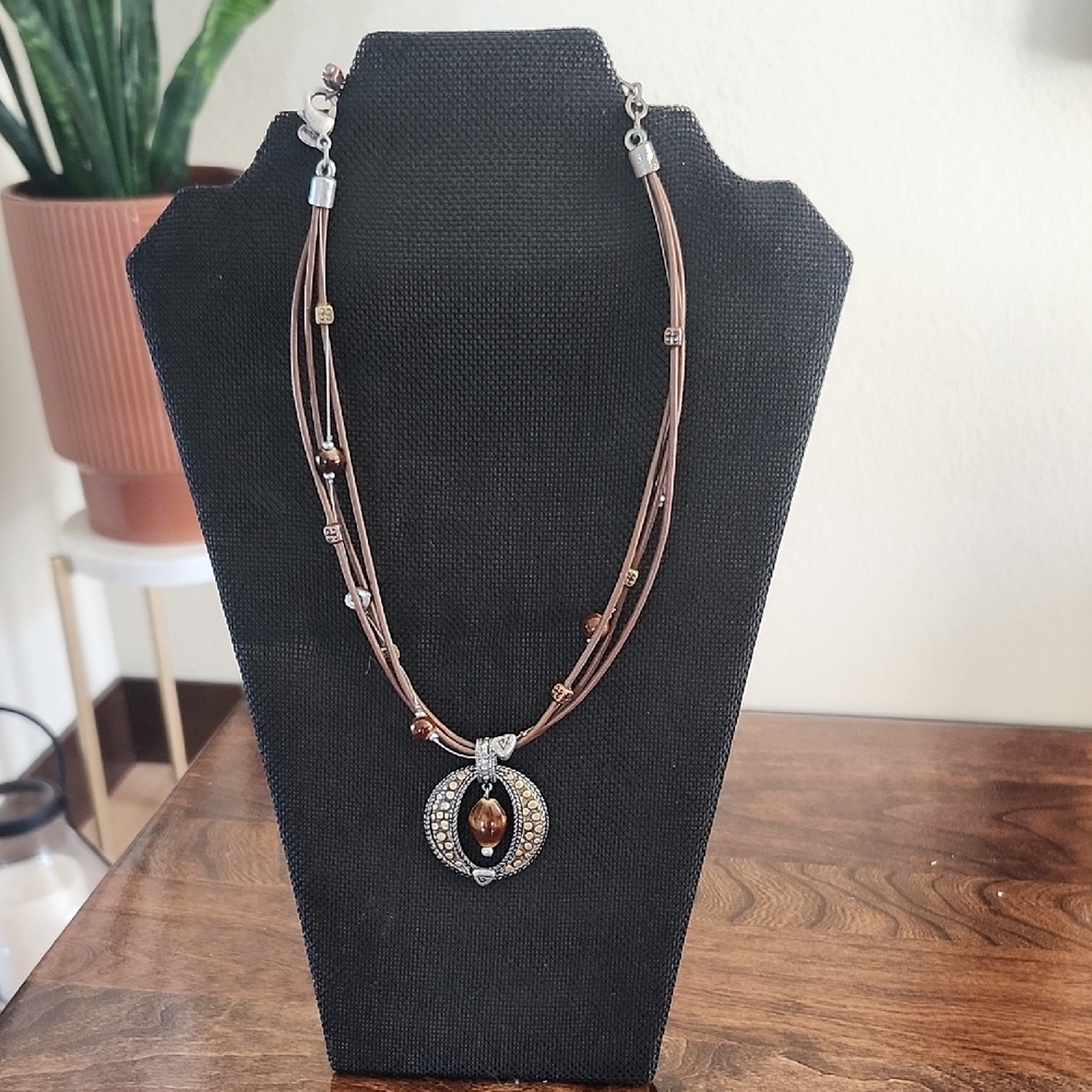 Brown and Silver Multi-Strand Necklace with Dark Stone Pendant